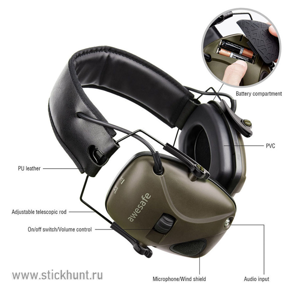 Наушники активные стрелковые Awesafe GF01LG 22-82 ДБ с чехлом Хаки Наушники активные стрелковые Awesafe GF01LG 22-82 ДБ с чехлом Хаки